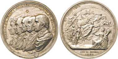 Los 961: Brandeburg-Preußen. Friedrich Wilhelm III., 1797-1840. Große Silbermedaille 1801 (v. F. Loos) auf das 100-jährige Bestehen des Königreichs Preußen. Fast Stempelglanz. Schätzung: 500 Euro.