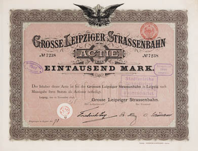 Los 2593: Leipzig. Grosse Leipziger Strassenbahn. Actie No. 1010 über 1000 Mark, Leipzig, den 15. November 1895. 34,2x26,7 cm. Ungelocht. II und I. Schätzung: 150 Euro.