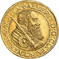 Nr. 13: Bayern. Albrecht V. der Großmütige, 1550-1579. 2 Dukaten 1565, München. Sehr selten. Vorzüglich bis Stempelglanz. Taxe: 50.000,- Euro.