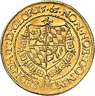 Nr. 13: Bayern. Albrecht V. der Großmütige, 1550-1579. 2 Dukaten 1565, München. Sehr selten. Vorzüglich bis Stempelglanz. Taxe: 50.000,- Euro.
