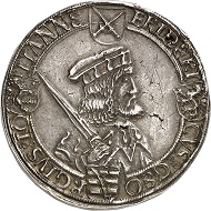 Nr. 378: Sachsen. Friedrich III. der Weise, Georg und Johann, 1500-1507. Dicker dreifacher Guldengroschen o. J., Annaberg. Wohl das einzige bekannte Exemplar im Handel. Winzige Sammlerpunze im Rand, kl. Bohrstelle und kl. Graffito. Sehr schön bis vorzüglich. Taxe: 75.000,- Euro.