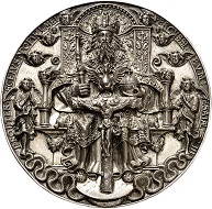 Nr. 369: Dreifaltigkeitsmedaille von Hans Reinhart dem Älteren 1544. Äußerst selten. Originalanfertigung mit aufgelöteten Details. Vorzüglich. Taxe: 75.000,- Euro. Es handelt sich um eines von etwa 15 Originalanfertigungen, von denen sich 10 in Museen befinden.