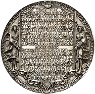 Nr. 369: Dreifaltigkeitsmedaille von Hans Reinhart dem Älteren 1544. Äußerst selten. Originalanfertigung mit aufgelöteten Details. Vorzüglich. Taxe: 75.000,- Euro. Es handelt sich um eines von etwa 15 Originalanfertigungen, von denen sich 10 in Museen befinden.