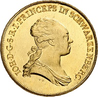 Nr. 561: Johann Nepomuk von Schwarzenberg, 1782-1789. 10 Dukaten 1783, Wien. Äußerst selten. Fast Stempelglanz. Taxe: 25.000,- Euro.