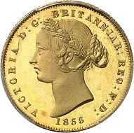 Nr. 869: Australien. Victoria, 1837-1901. Sovereign 1855, London. Probe. Wohl nur drei Exemplare in Privatbesitz. Polierte Platte (Proof). Taxe: 125.000,- Euro.