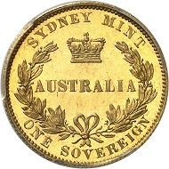Nr. 869: Australien. Victoria, 1837-1901. Sovereign 1855, London. Probe. Wohl nur drei Exemplare in Privatbesitz. Polierte Platte (Proof). Taxe: 125.000,- Euro.