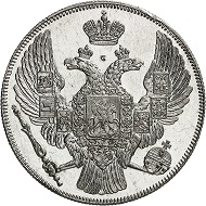 Nr. 982: Russland. Nikolaus I., 1825-1855. 12 Rubel Platin 1839, St. Petersburg. Aus den Sammlungen Hutten-Czapski und Großfürst Georgi Michailowitsch. Äußerst selten. Mit der Bewertung NGC (photo-certificate) PF 64 CAMEO. Polierte Platte (Proof). Taxe: 250.000,- Euro.
