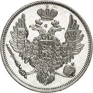Nr. 983: Russland. Nikolaus I., 1825-1855. 6 Rubel Platin 1839, St. Petersburg. Aus den Sammlungen Hutten-Czapski und Großfürst Georgi Michailowitsch. Äußerst selten. Mit der Bewertung NGC (photo-certificate) PF 64 CAMEO. Polierte Platte (Proof). Taxe: 150.000,- Euro.