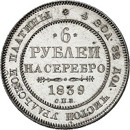 Nr. 983: Russland. Nikolaus I., 1825-1855. 6 Rubel Platin 1839, St. Petersburg. Aus den Sammlungen Hutten-Czapski und Großfürst Georgi Michailowitsch. Äußerst selten. Mit der Bewertung NGC (photo-certificate) PF 64 CAMEO. Polierte Platte (Proof). Taxe: 150.000,- Euro.