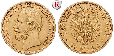 Deutsches Kaiserreich. Braunschweig. Wilhelm, 1830-1884. 20 Mark 1875 A. Vorzüglich. 2.000 Euro.