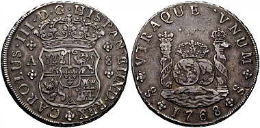 Lot 1024: Spain. Charles III. 8 reales, 1768, Santiago. From the Pillar Milled Collection. Very fine+. Estimated: 22,500 euros.