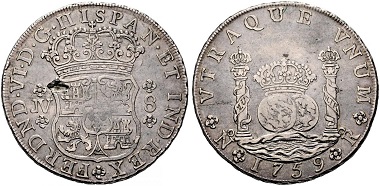 Lot 793: Spain. Nuevo Reino. Philip V and Ferdinand VI. 8 Reales, 1759. From the Pillar Milled Collection. Very fine. Estimated: 22,000 euros.