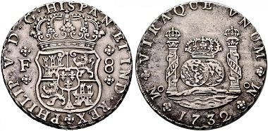 Lot 588: Philip V and Ferdinand VI. 8 reales, 1732, Mexico. Pillar Milled Collection. Extremely fine-. Estimated: 17,500 euros.