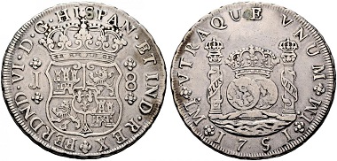 Lot 688: Philip V and Ferdinand VI. 8 reales, 1751, Lima. Pillar Milled Collection. Very fine+. Estimated: 20,000 euros.