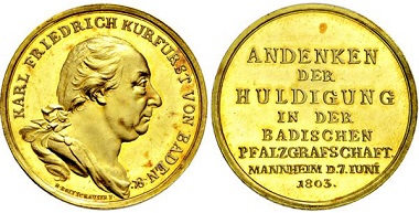 Los 4054: Kurfürstentum Baden. Karl Friedrich. 1803-1806. Rheingold-Medaille 1803. Taxe: 8.750 Euro.