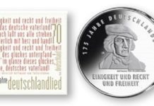 Gedenkmünze feiert „175 Jahre Deutschlandlied“